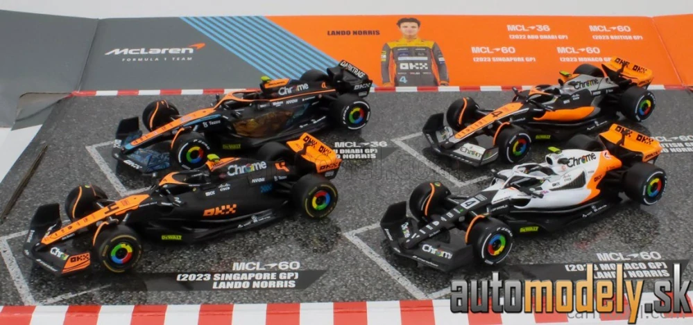 BURAGO - McLAREN - F1 SET 4X - TEAM MCLAREN MCL36 N 4 ABU DHABI GP 2022 - MCL60 N 4 SINGAPORE GP - MONACO GP - BRITISH GP 2023 LANDO NORRIS - 1:43