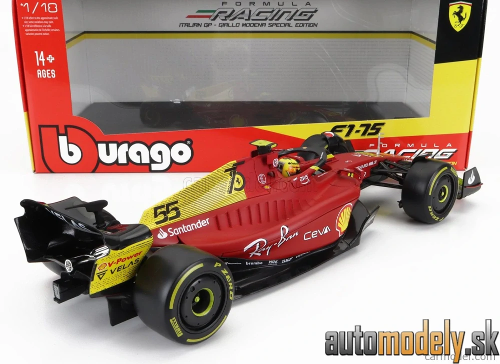 Bburago - FERRARI - F1-75 SCUDERIA FERRARI N 55 4th MONZA GP ITALY 2022 CARLOS SAINZ - YELLOW WHEELS - 1:18
