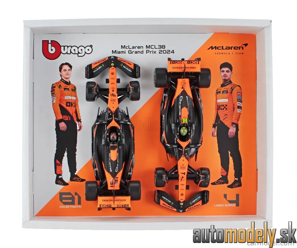 Bburago - McLAREN - SET F1 2X MCL38 TEAM MCLAREN N 4 SEASON 2024 LANDO NORRIS + N 81 OSCAR PIASTRI - 1:24