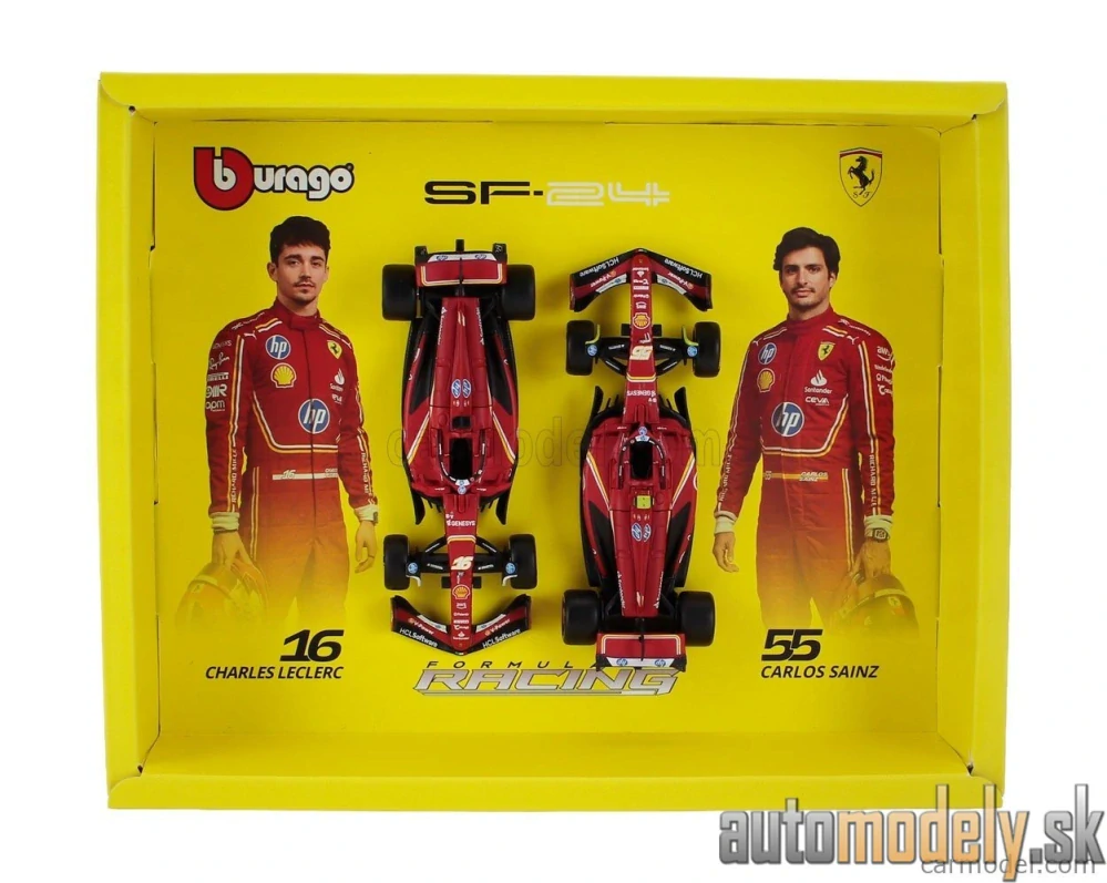 Burago - FERRARI - SET F1 2X SF-24 TEAM SCUDERIA FERRARI N 16 SEASON 2024 CHARLES LECLERC + N 55 CARLOS SAINZ - 1:43