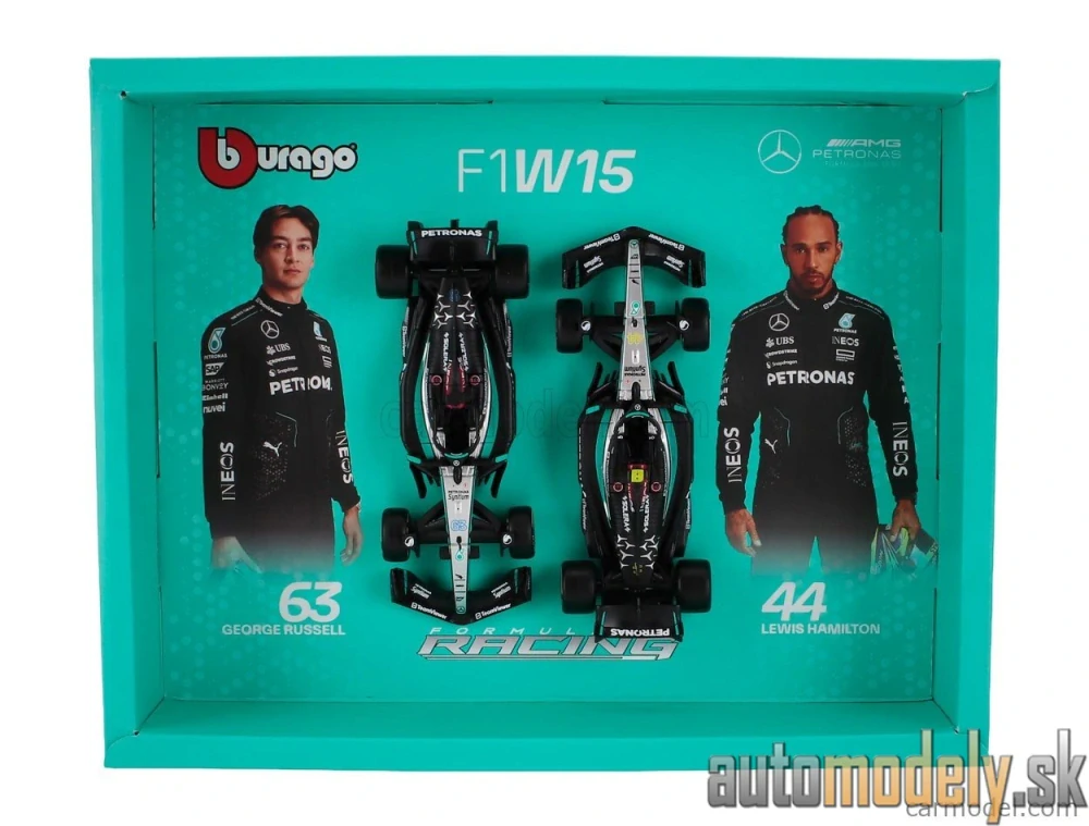 Burago - MERCEDES GP - SET F1 2X W15 TEAM MERCEDES-AMG PETRONAS FORMULA ONE N 44 SEASON 2024 LEWIS HAMILTON + N 63 GEORGE RUSSELL - 1:43