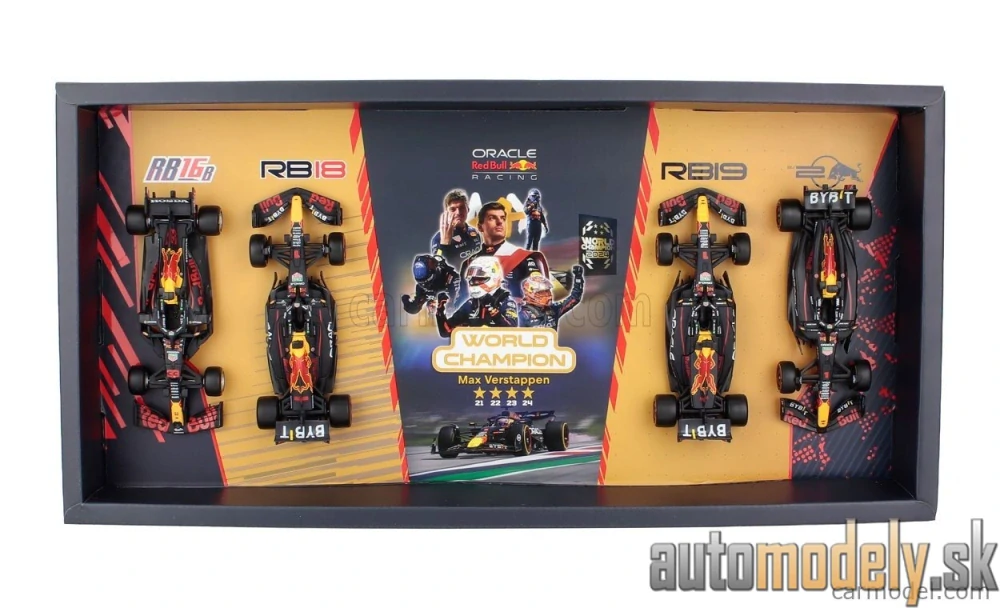 Burago - RED BULL - SET F1 4X - 4 TIME WORLD CHAMPION - RB16B N 33 SEASON 2021 - RB18 N 1 SEASON 2022 - RB19 N 1 SEASON 2023 - RB20 N 1 SEASON 2024 MAX VERSTAPPEN - 1:43