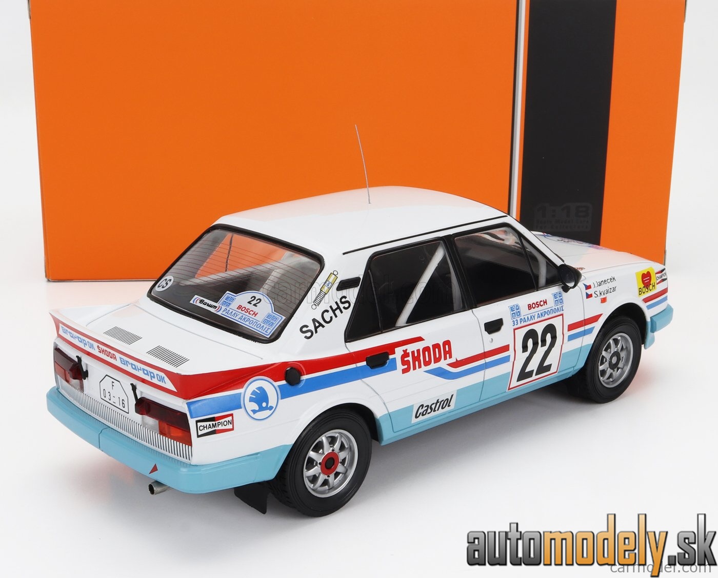 IXO - Škoda 130LR N 22 RALLY ACROPOLIS 1986 SVATOPLUK KVAIZAR JIRI JANECEK WHITE LIGHT BLUE - 1:18