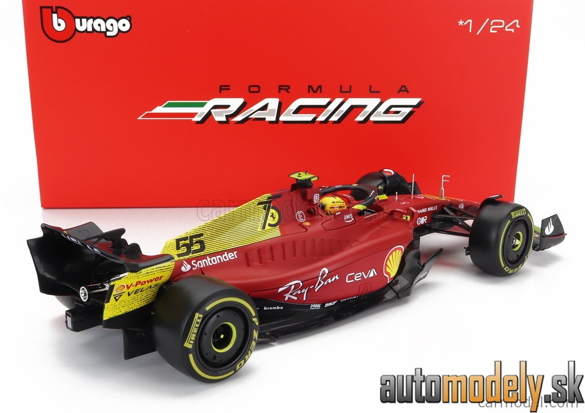 Bburago - FERRARI F1-75 SCUDERIA FERRARI N 55 4th MONZA GP ITALY 2022 CARLOS SAINZ WITH PILOT AND SHOWCASE RED YELLOW - 1:24