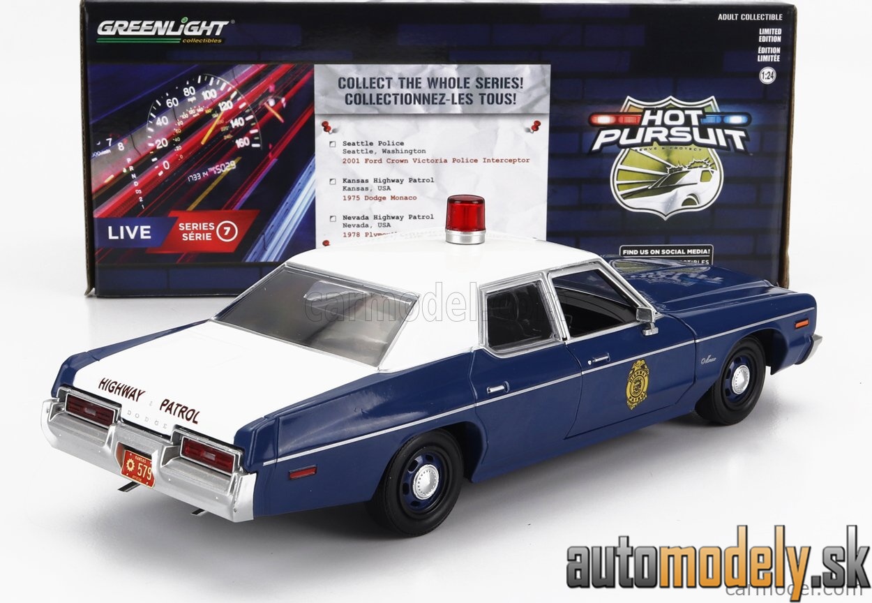 GreenLight - DODGE MONACO KANSAS HIGHWAY PATROL POLICE 1975 BLUE WHITE - 1:24