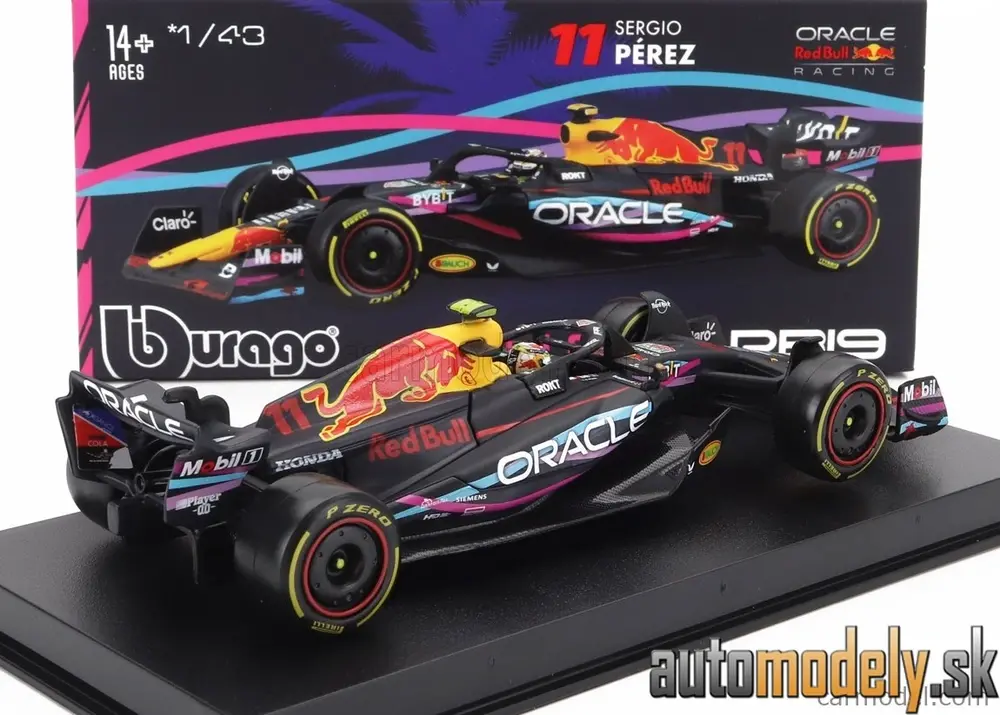 BURAGO - RED BULL F1 RB19 TEAM ORACLE RED BULL RACING N 11 2nd MIAMI GP 2023 SERGIO PEREZ WITH HELMET AND PLASTIC SHOWCASE MATT BLUE - 1:43