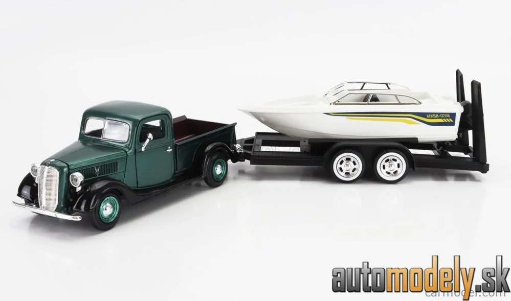 MOTOR-MAX - FORD USA - PICK-UP WITH TRAILER + BOAT 1937 - 1:24