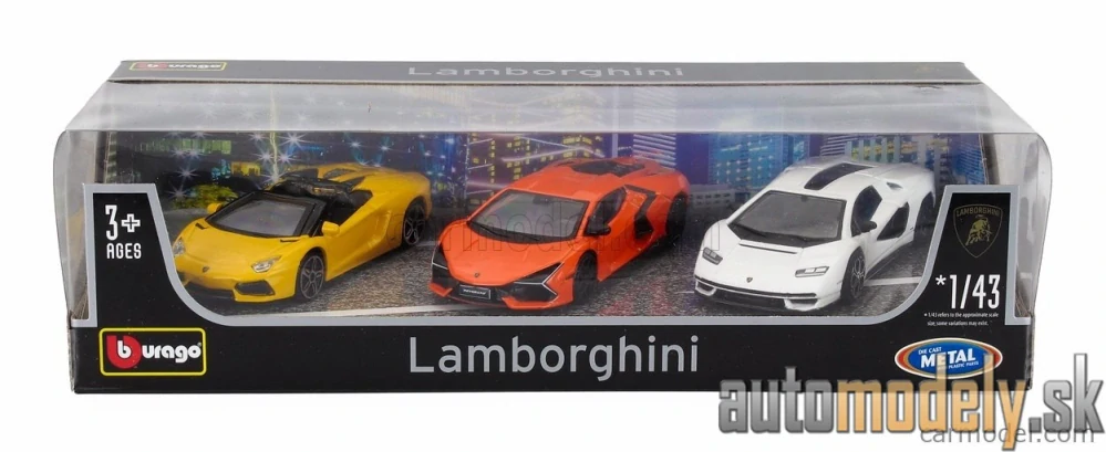 Burago - LAMBORGHINI - SET 3X REVUELTO HYBRID 2023 - AVENTADOR ROADSTER 2018 - COUNTACH LPi 800-4 2021 - 1:43