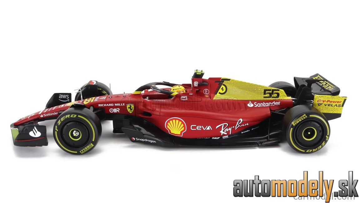 Bburago - FERRARI F1-75 SCUDERIA FERRARI N 55 4th MONZA GP ITALY 2022 CARLOS SAINZ WITH PILOT AND SHOWCASE RED YELLOW - 1:24