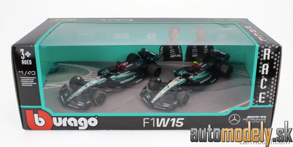 BURAGO - MERCEDES GP - SET F1 2X W15 EQ PERFORMANCE TEAM AMG PETRONAS MOTORSPORT N 44 SEASON 2024 LEWIS HAMILTON + N 63 SEASON 2024 GEORGE RUSSELL - 1:43