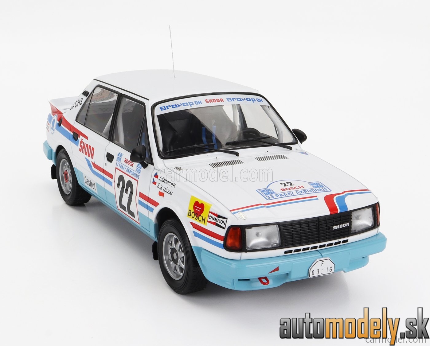 IXO - Škoda 130LR N 22 RALLY ACROPOLIS 1986 SVATOPLUK KVAIZAR JIRI JANECEK WHITE LIGHT BLUE - 1:18