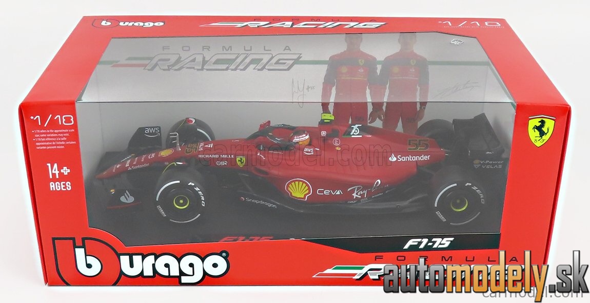 Bburago - FERRARI - F1-75 SCUDERIA FERRARI N 55 SEASON 2022 CARLOS SAINZ - WHITE WHEELS - RED - 1:18
