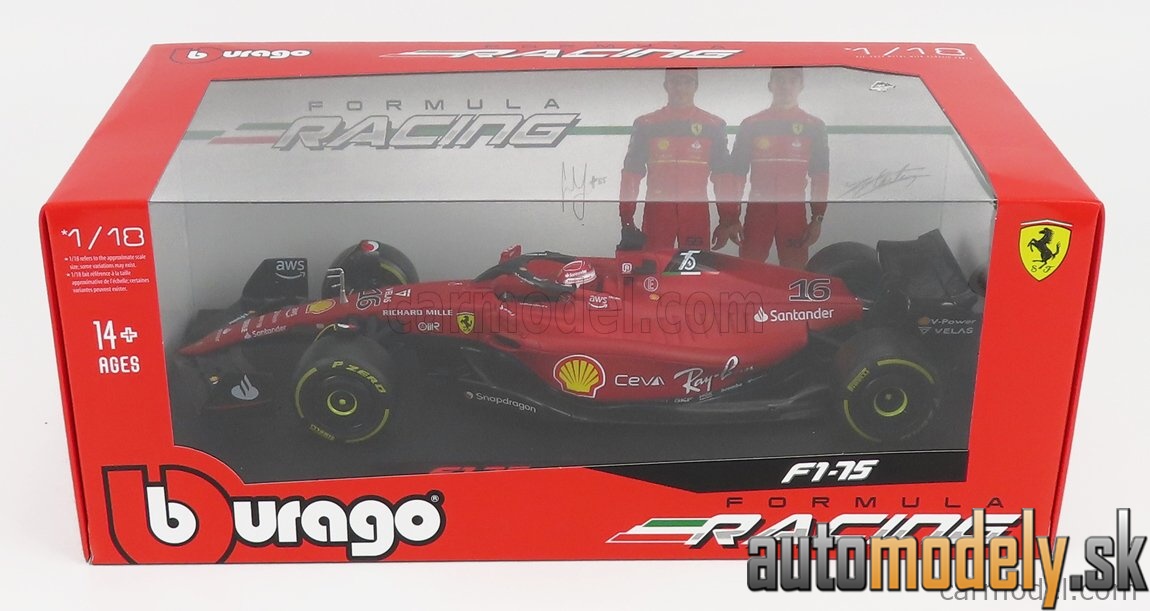 Bburago - FERRARI - F1-75 SCUDERIA FERRARI N 16 SEASON 2022 CHARLES LECLERC - YELLOW WHEELS - RED - 1:18