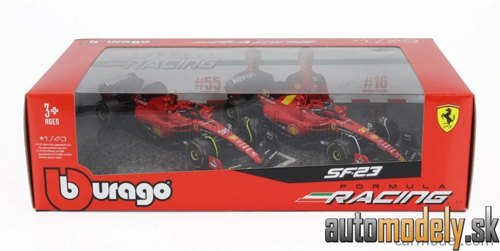 Bburago - FERRARI - SET F1 2X SF-23 TEAM SCUDERIA FERRARI N 16 SEASON 2023 CHARLES LECLERC + N 55 SEASON 2023 CARLOS SAINZ - 1:43
