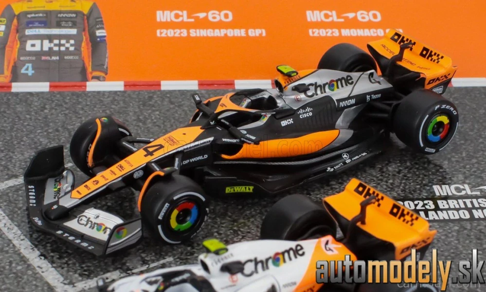 BURAGO - McLAREN - F1 SET 4X - TEAM MCLAREN MCL36 N 4 ABU DHABI GP 2022 - MCL60 N 4 SINGAPORE GP - MONACO GP - BRITISH GP 2023 LANDO NORRIS - 1:43