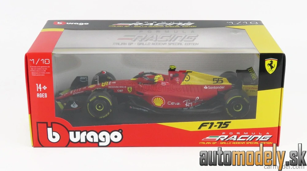 Bburago - FERRARI - F1-75 SCUDERIA FERRARI N 55 4th MONZA GP ITALY 2022 CARLOS SAINZ - YELLOW WHEELS - 1:18