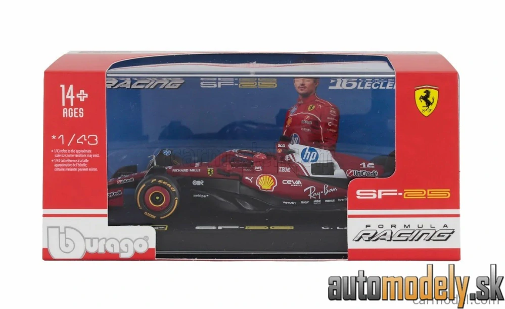 Bburago - FERRARI - F1 SF-25 TEAM SCUDERIA FERRARI HP N 16 SEASON 2025 CHARLES LECLERC - 1:43