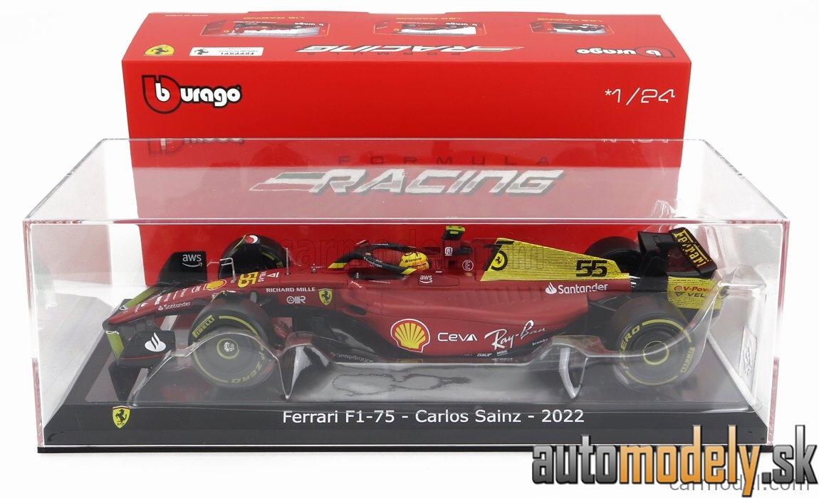 Bburago - FERRARI F1-75 SCUDERIA FERRARI N 55 4th MONZA GP ITALY 2022 CARLOS SAINZ WITH PILOT AND SHOWCASE RED YELLOW - 1:24