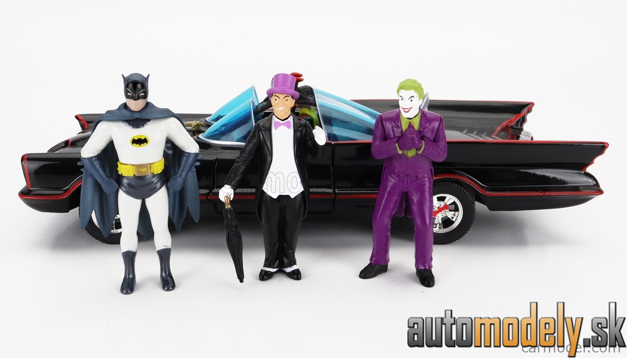 Jada - BATMAN BATMOBILE 1966 CLASSIC TV SERIES WITH BATMAN JOKER PINGUIN FIGURES BLACK RED - 1:24
