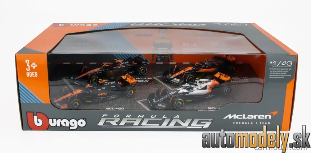 BURAGO - McLAREN - F1 SET 4X - TEAM MCLAREN MCL36 N 4 ABU DHABI GP 2022 - MCL60 N 4 SINGAPORE GP - MONACO GP - BRITISH GP 2023 LANDO NORRIS - 1:43