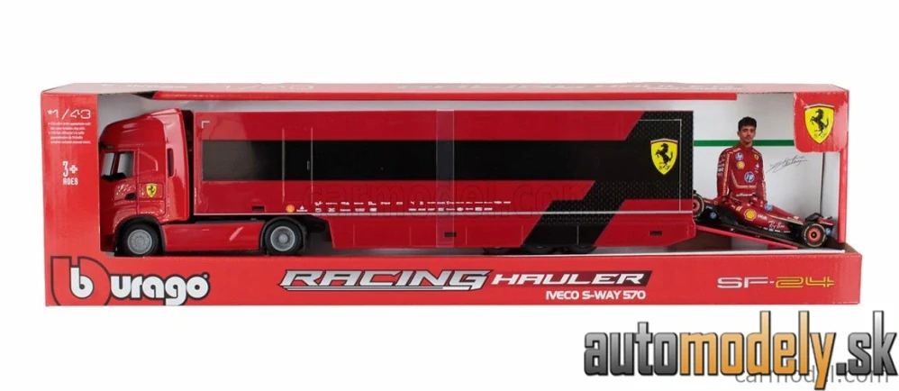 BURAGO - IVECO FIAT - SET TRUCK S-WAY 570 TRUCK CAR TRANSPORTER TEAM SCUDERIA FERRARI WITH F1 SF-24 N 16 SEASON 2024 CHARLES LECLERC - 1:43