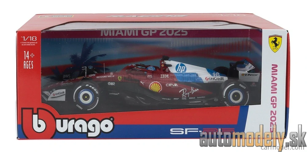 Bburago - F1 SF-25 TEAM SCUDERIA FERRARI N 16 MIAMI GP 2025 CHARLES LECLERC - 1:18