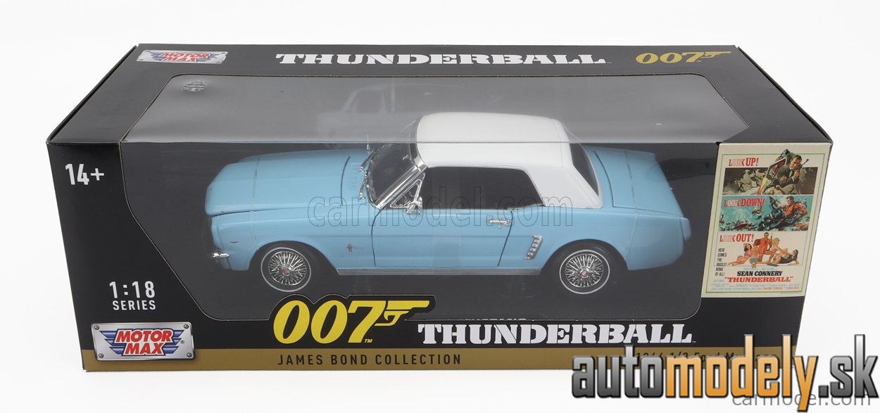 Motormax - FORD MUSTANG CONVERTIBLE SPIDER 1967 007 JAMES BOND THUNDERBALL OPERAZIONE TUONO LIGHT BLUE WHITE - 1:18