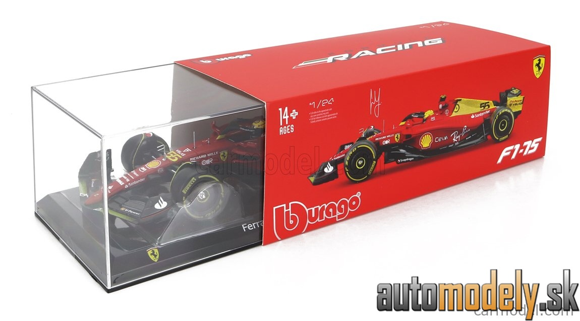 Bburago - FERRARI F1-75 SCUDERIA FERRARI N 55 4th MONZA GP ITALY 2022 CARLOS SAINZ WITH PILOT AND SHOWCASE RED YELLOW - 1:24