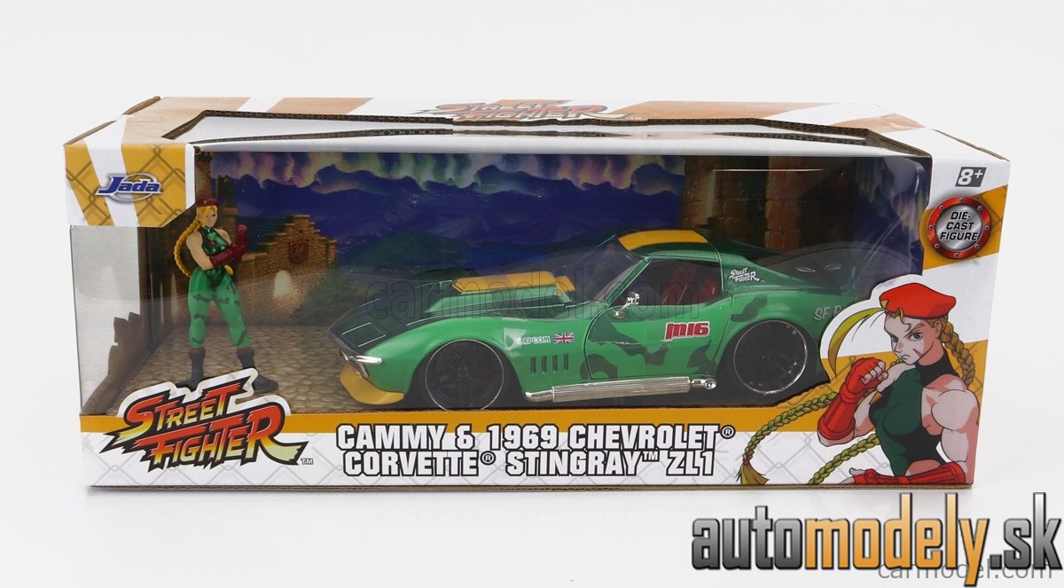 Jada - CHEVROLET CORVETTE ZL1 STINGRAY 1969 WITH CAMMY STREET FIGHTER FIGURE GREEN YELLOW - 1:24