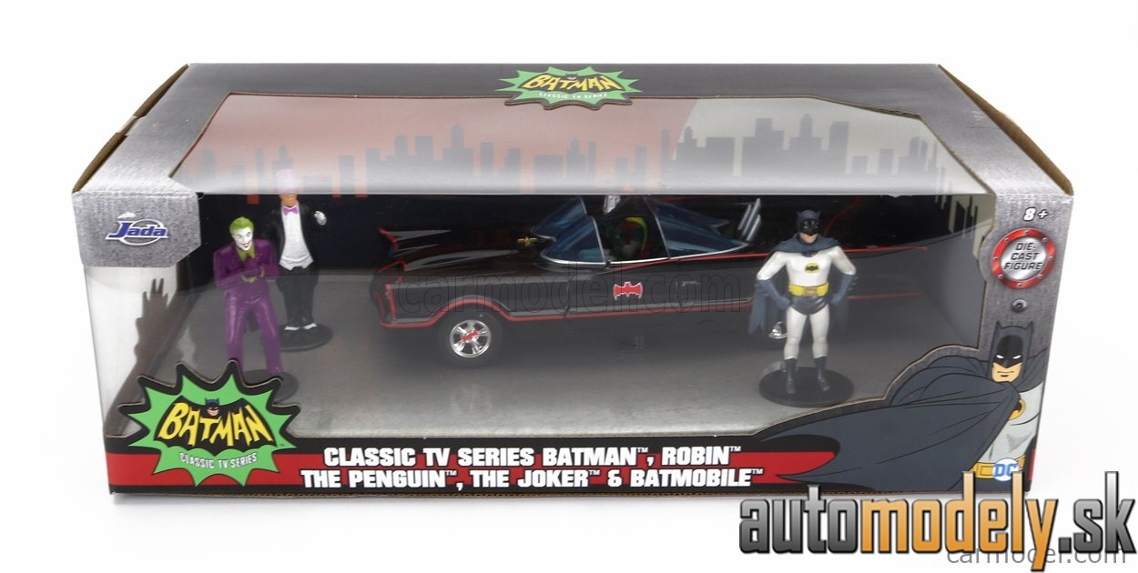 Jada - BATMAN BATMOBILE 1966 CLASSIC TV SERIES WITH BATMAN JOKER PINGUIN FIGURES BLACK RED - 1:24