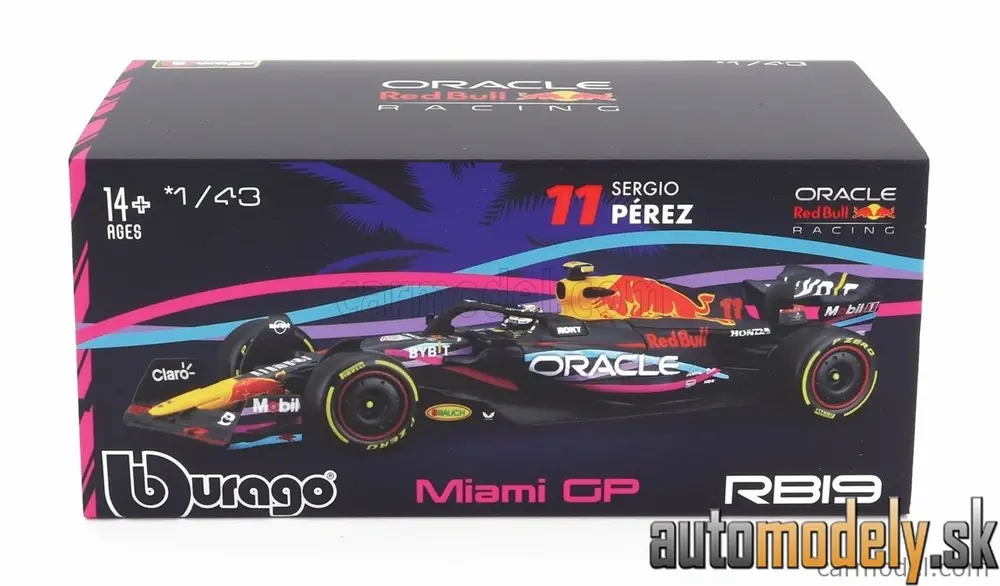BURAGO - RED BULL F1 RB19 TEAM ORACLE RED BULL RACING N 11 2nd MIAMI GP 2023 SERGIO PEREZ WITH HELMET AND PLASTIC SHOWCASE MATT BLUE - 1:43