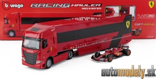 BURAGO - IVECO FIAT - SET TRUCK S-WAY 570 TRUCK CAR TRANSPORTER TEAM SCUDERIA FERRARI WITH F1 SF-24 N 16 SEASON 2024 CHARLES LECLERC - 1:43