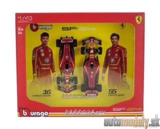 Burago - FERRARI - SET F1 2X SF-24 TEAM SCUDERIA FERRARI N 16 SEASON 2024 CHARLES LECLERC + N 55 CARLOS SAINZ - 1:43